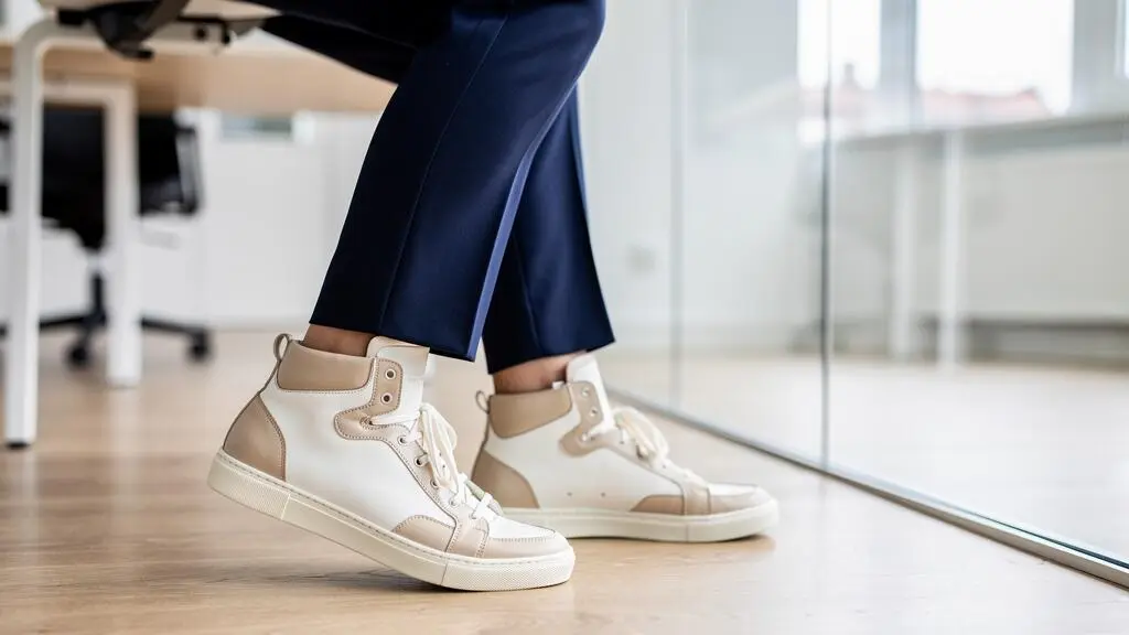 Une femme porte des baskets montantes en cuir clair avec un pantalon ajusté tombant au-dessus de la chaussure.