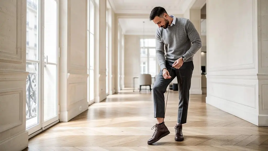 Un homme en tenue professionnelle attache ses baskets montantes en cuir dans un couloir de bureau lumineux.