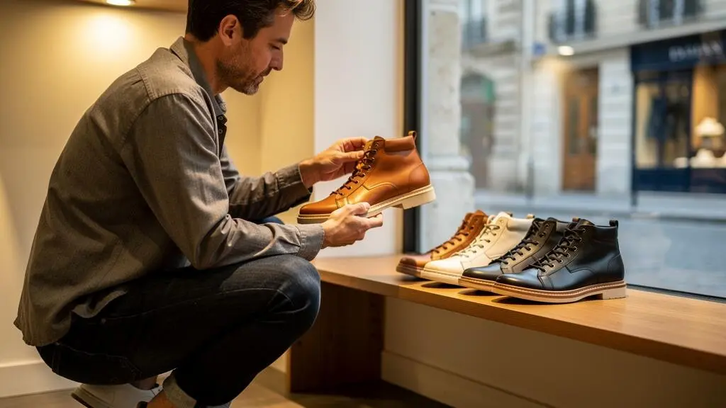 Un homme examine attentivement une basket montante en cuir sur une étagère dans un magasin de chaussures.